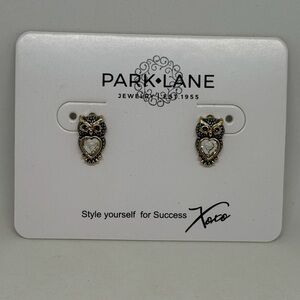 NEW Park Lane Jewelry “Hootie” Owl Stud Earrings Crystal Gold Blue Box Gift